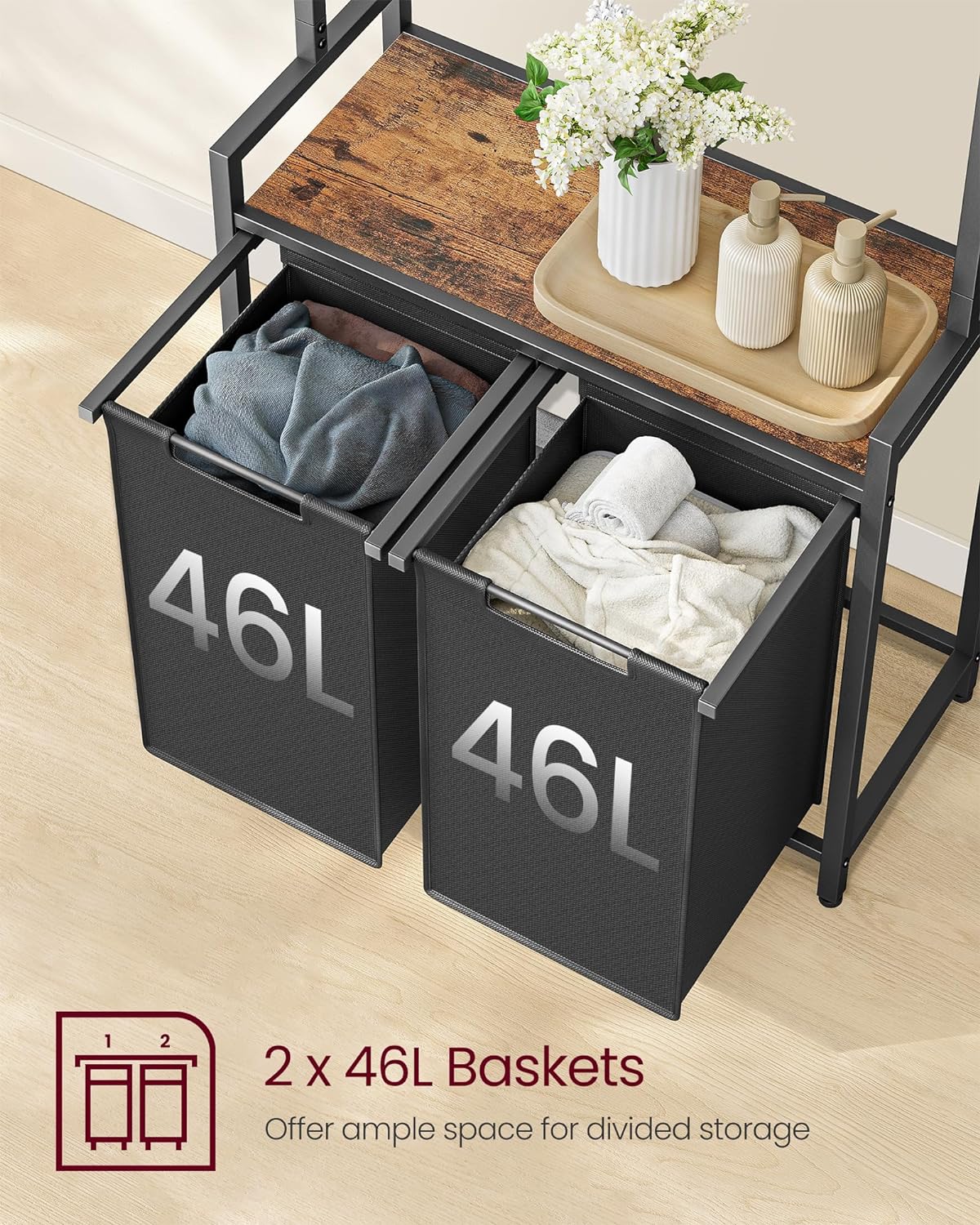 VASAGLE Cos de rufe, 2 compartimente, saci de rufe detasabili, 1 raft, tija umerase, 2x46L, 73x33x175cm, maro rustic