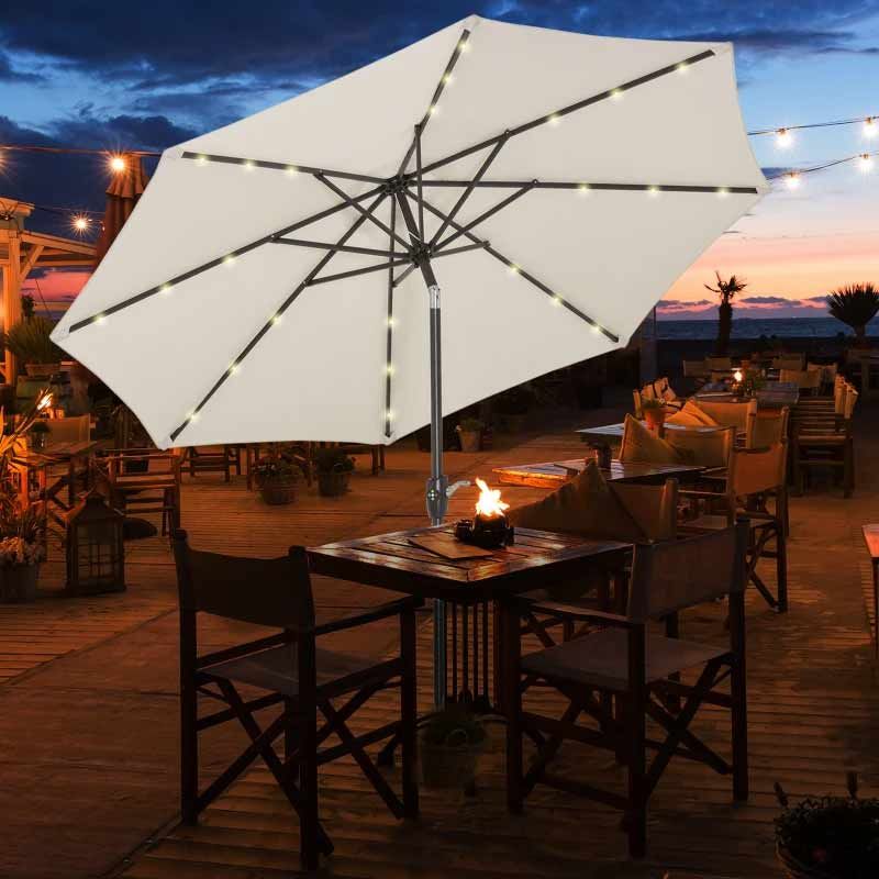 Umbrela terasa gradina, cu inclinare si husa, iluminare LED solara, 300cm, Bej