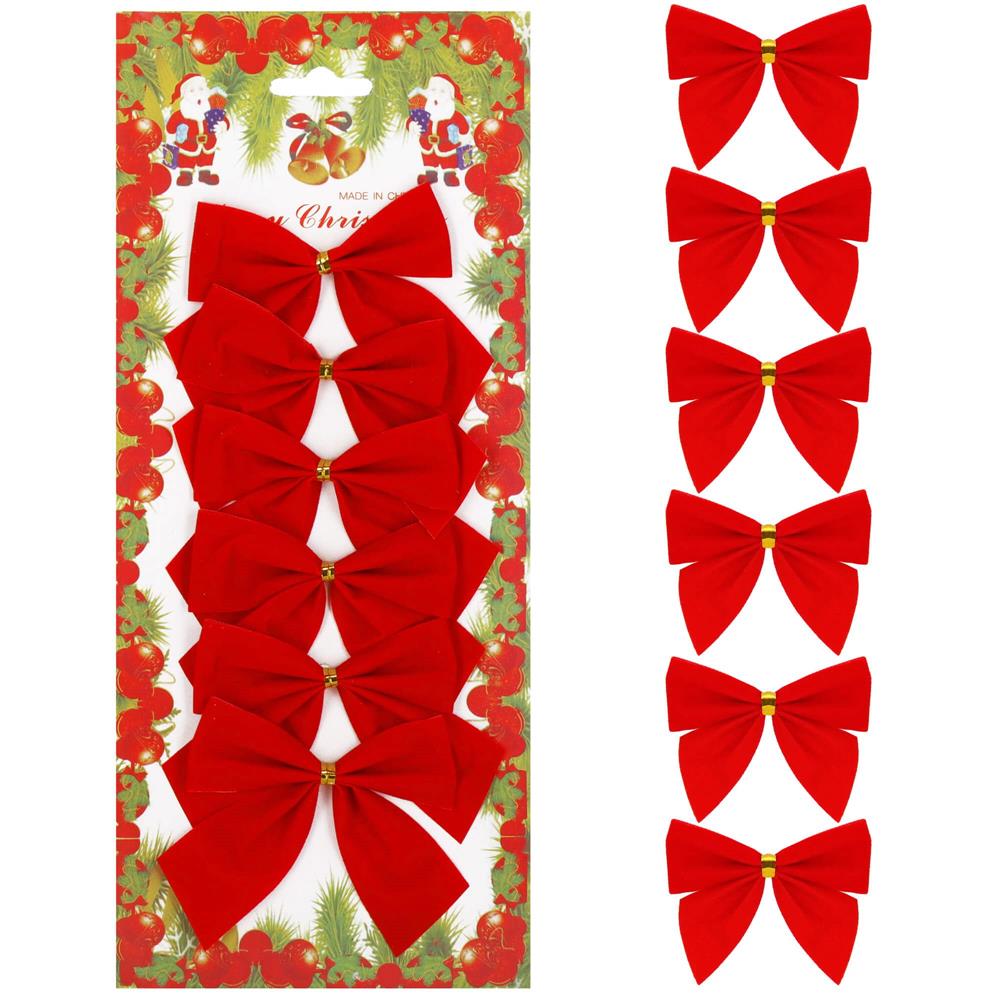 Set 6 ornamente pentru bradul de Craciun, fundita, 8cm, rosu