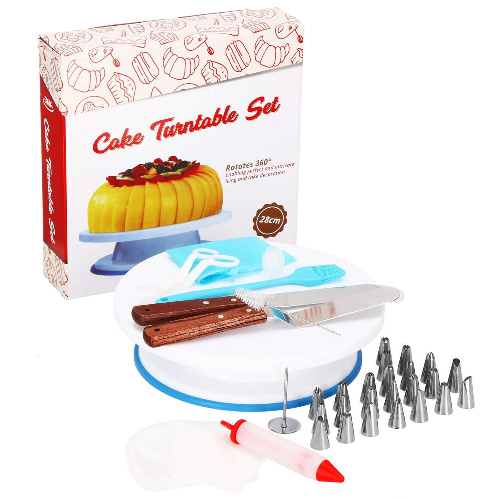 Set patiserie cu platou rotativ, 37 piese cu sabloane pentru ornarea prajiturilor