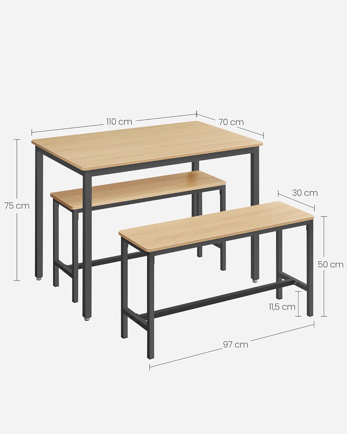 VASAGLE Masa de bar cu 2 banci, design industrial, 110x70x75 cm, stejar natur