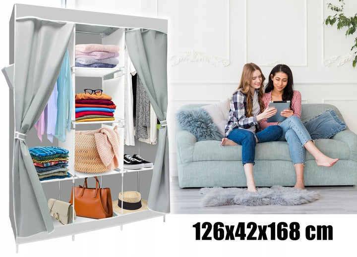 Garderoba din material textil, dulap portabil, cu rafturi, 126x42x168cm, gri