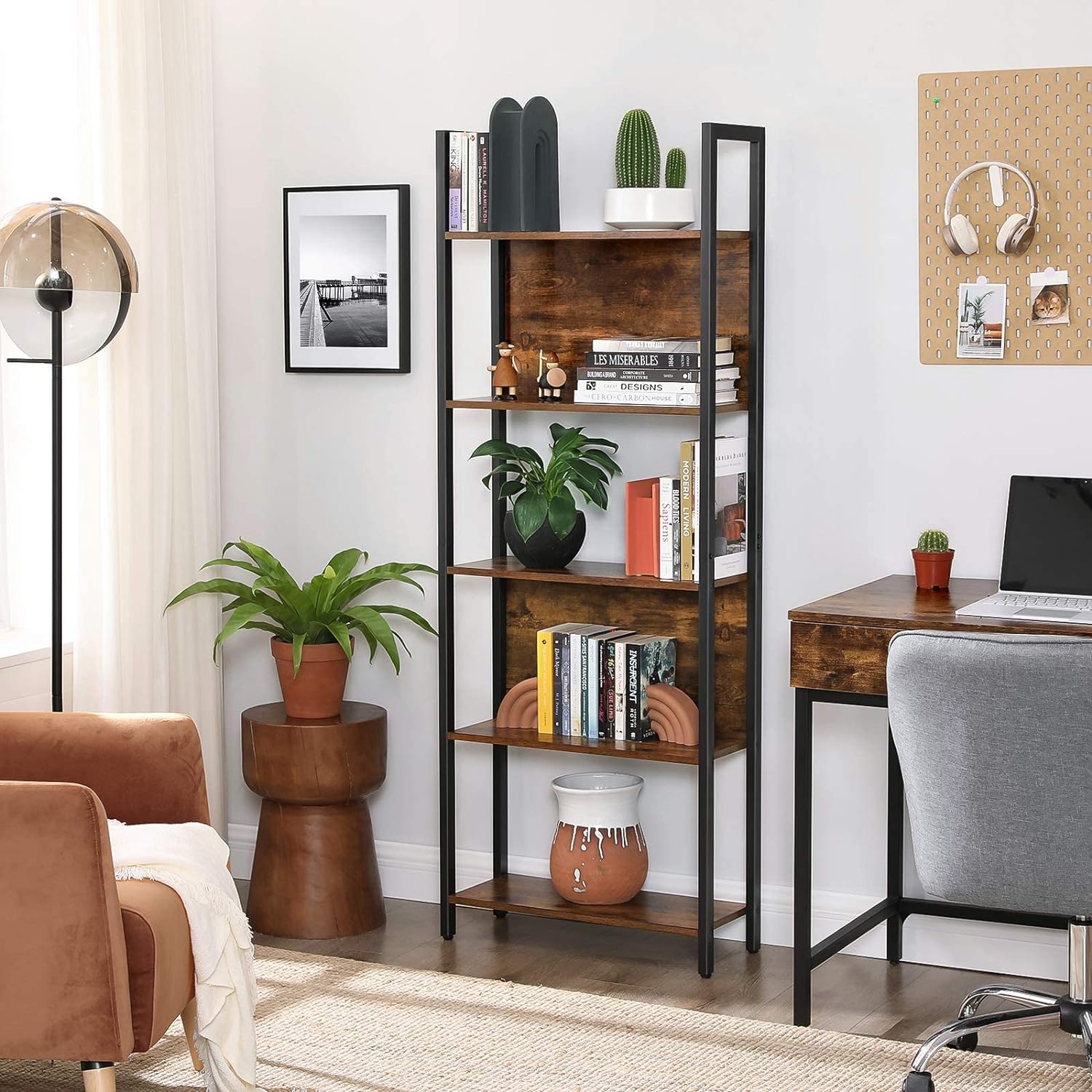 VASAGLE Biblioteca cu 5 rafturi de depozitare, cadru otel, stil industrial, 62x24x165cm, maro rustic si negru