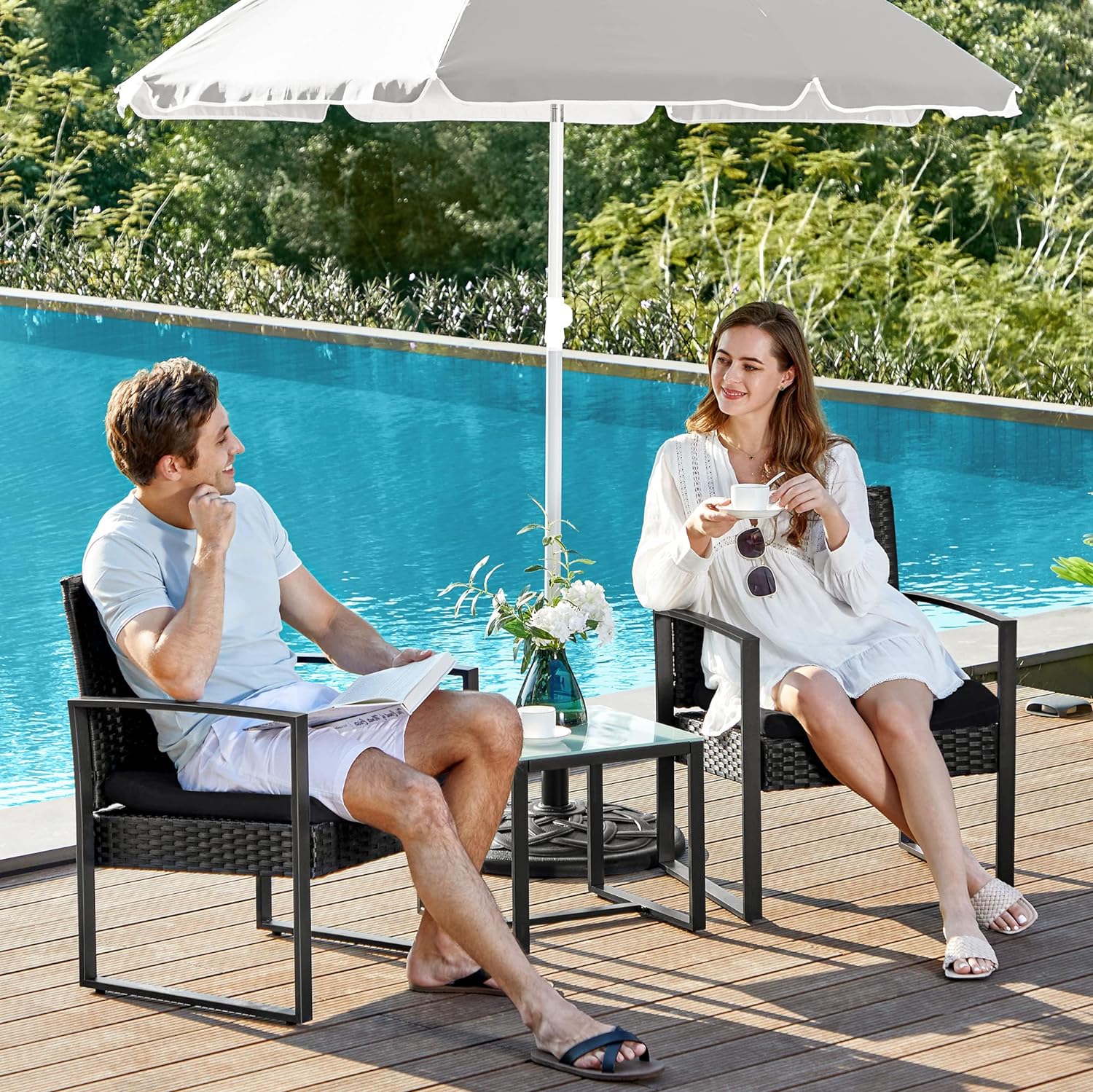 SONGMICS Set de mobilier pentru terasa sau balcon, din poliratan PE, masa si 2 scaune, negru