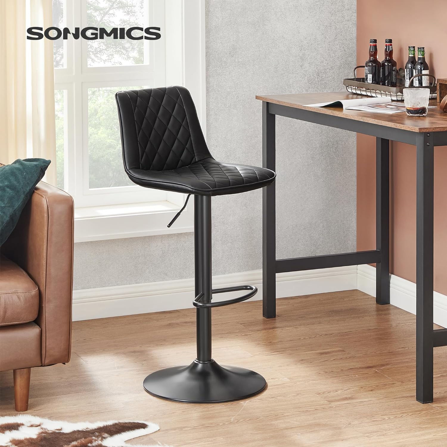 SONGMICS Set de 2 scaune de bar, cu spatar, reglabile in inaltime, tapitat cu PU, 47x51x(89-109)cm, negru - 5