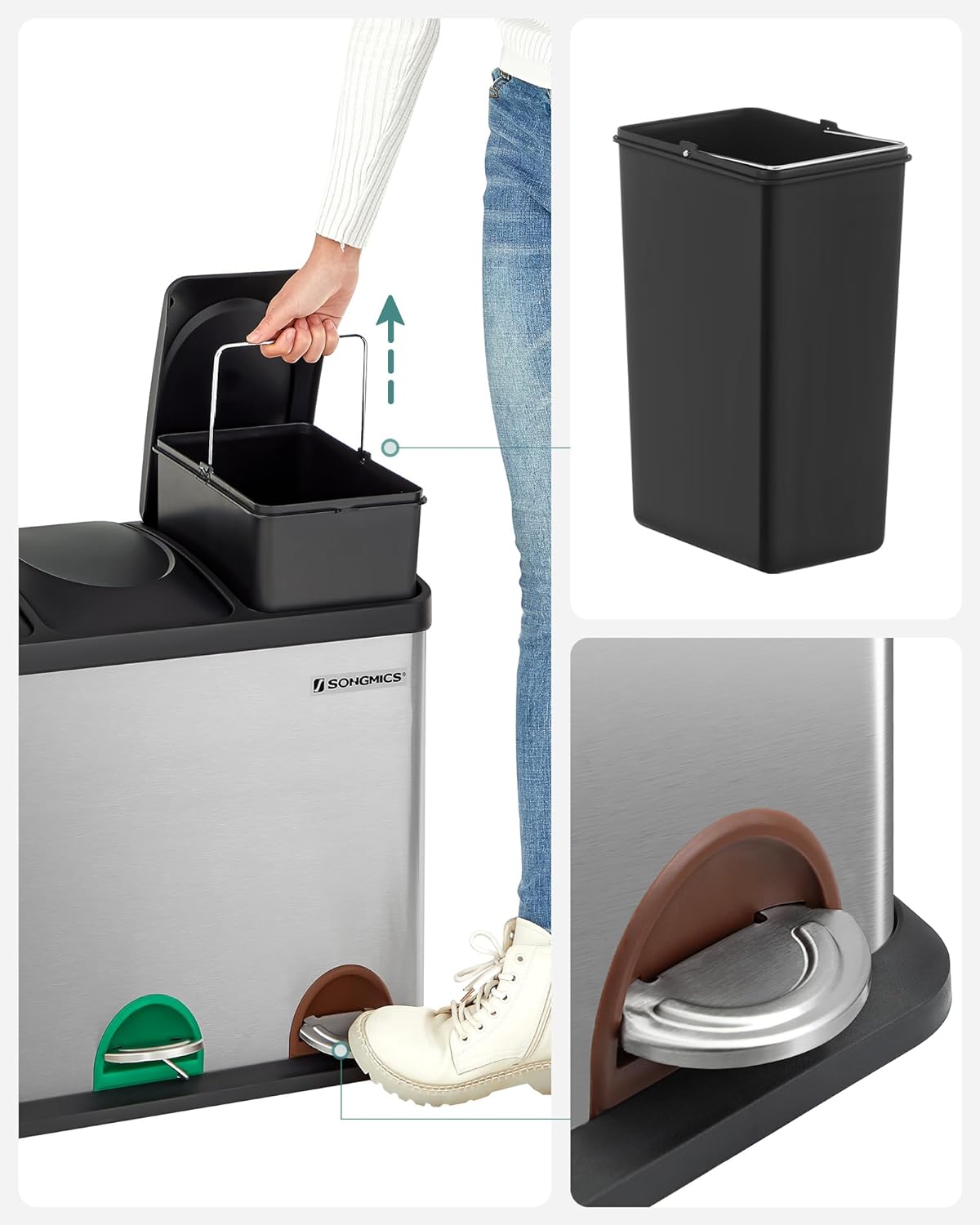 SONGMICS Cos de gunoi din inox cu 3 compartimente colectare selectiva, cu galeti interioare, 3x15litri, argintiu si negru