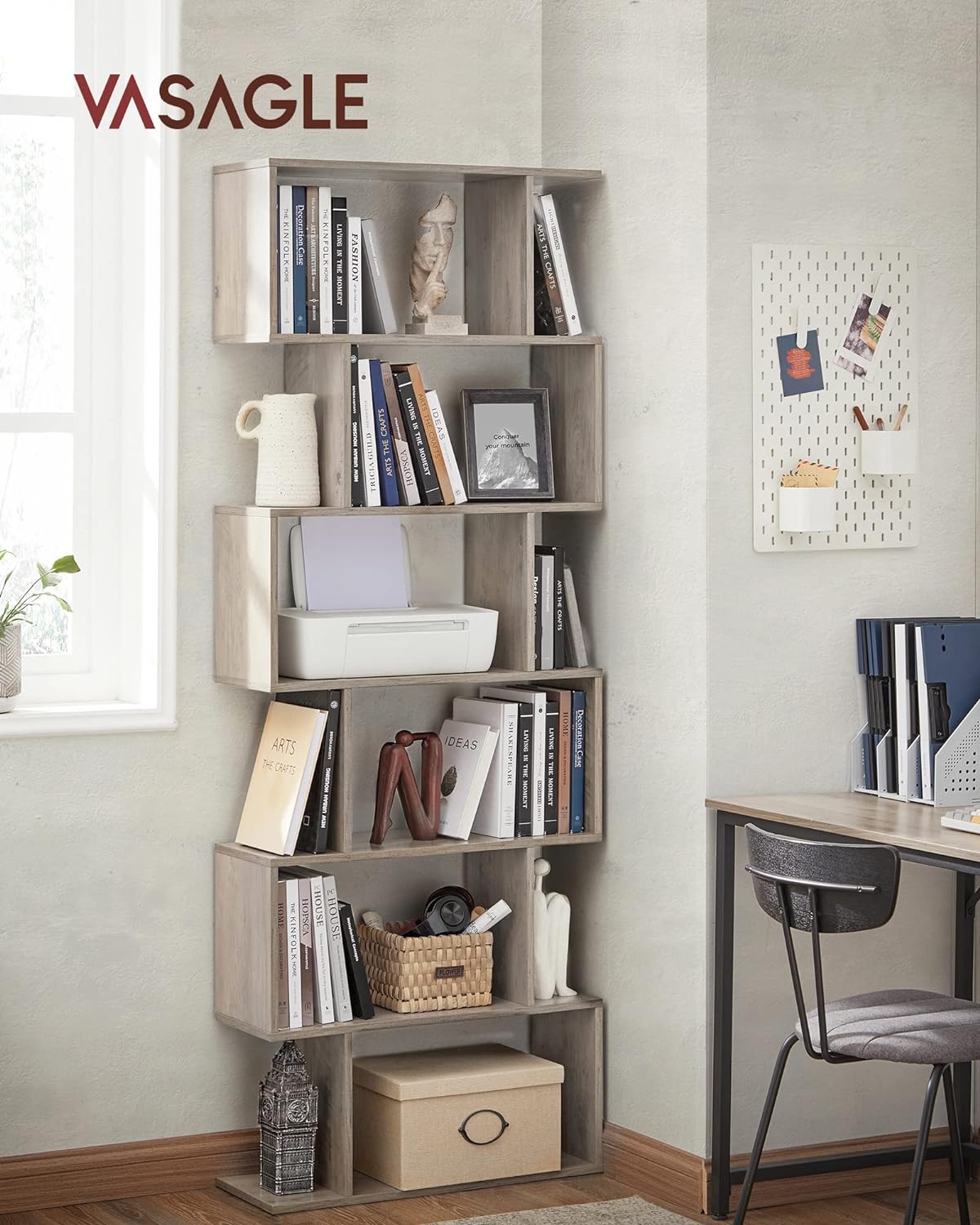 VASAGLE Biblioteca, raft cu 6 unitati de depozitare, pentru living, din lemn, 24x190x70cm, gri stejar - 4