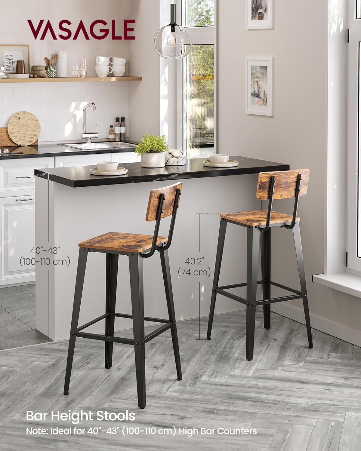 VASAGLE Set 2 scaune de bar, inalte cu spatar, industrial, 45x45x102cm, maro rustic si negru