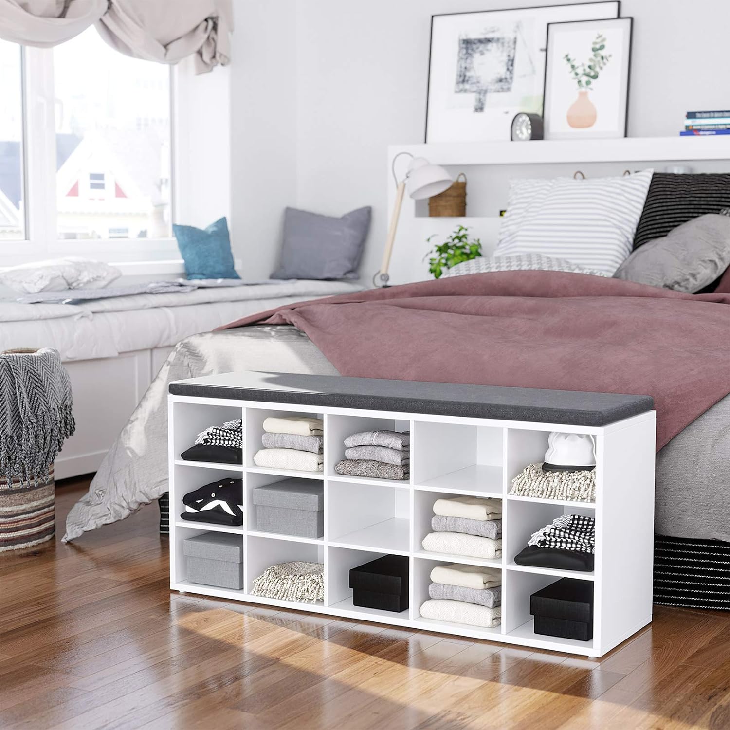 VASAGLE Banca pentru hol cu suport pentru pantofi, 15 compartimente, cu perna, 30x105x48cm, alb