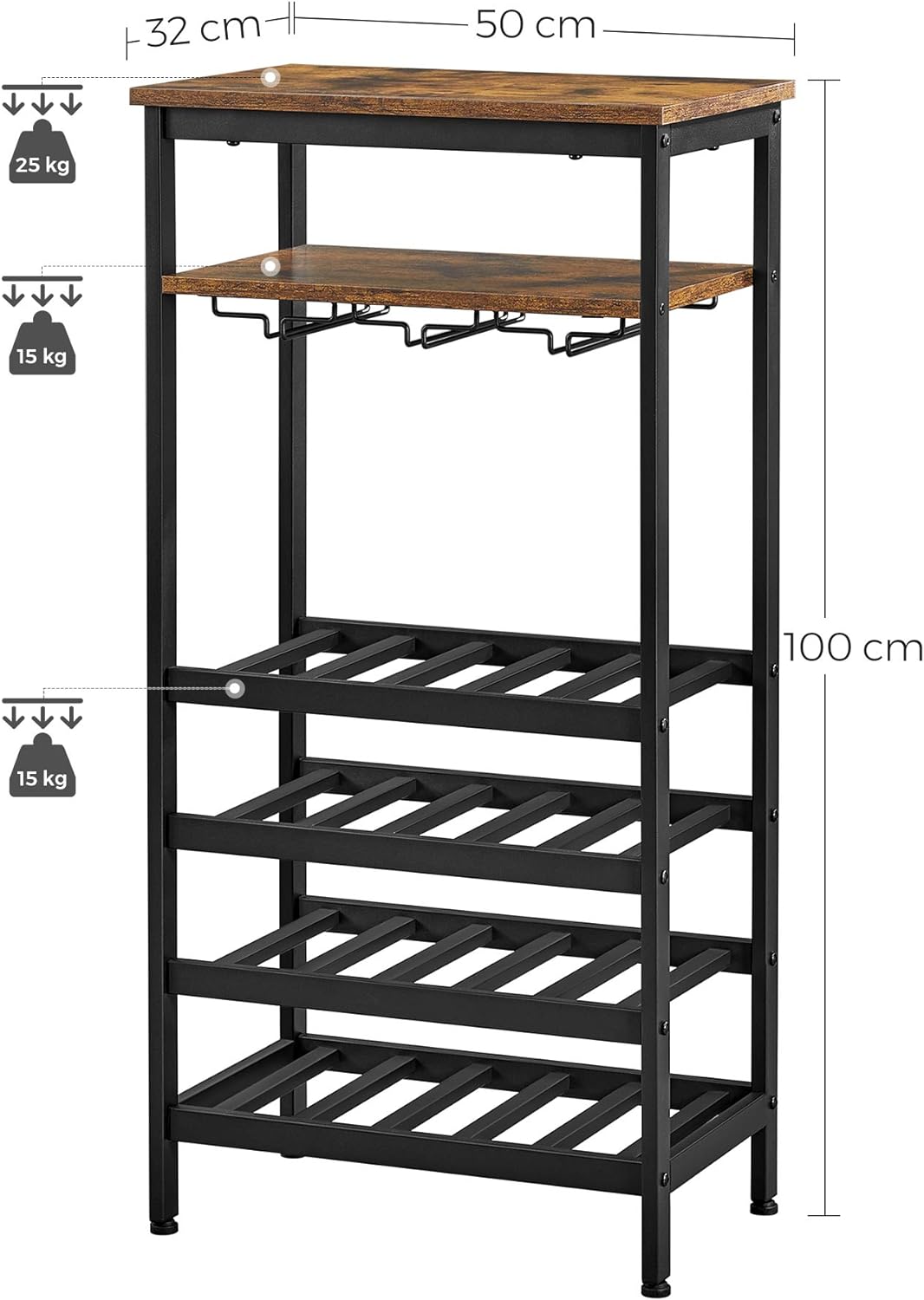 VASAGLE Raft pentru vinuri, capacitate 20 de sticle, cu suport pentru pahare, stil industrial, 50x32x100cm, maro rustic si negru