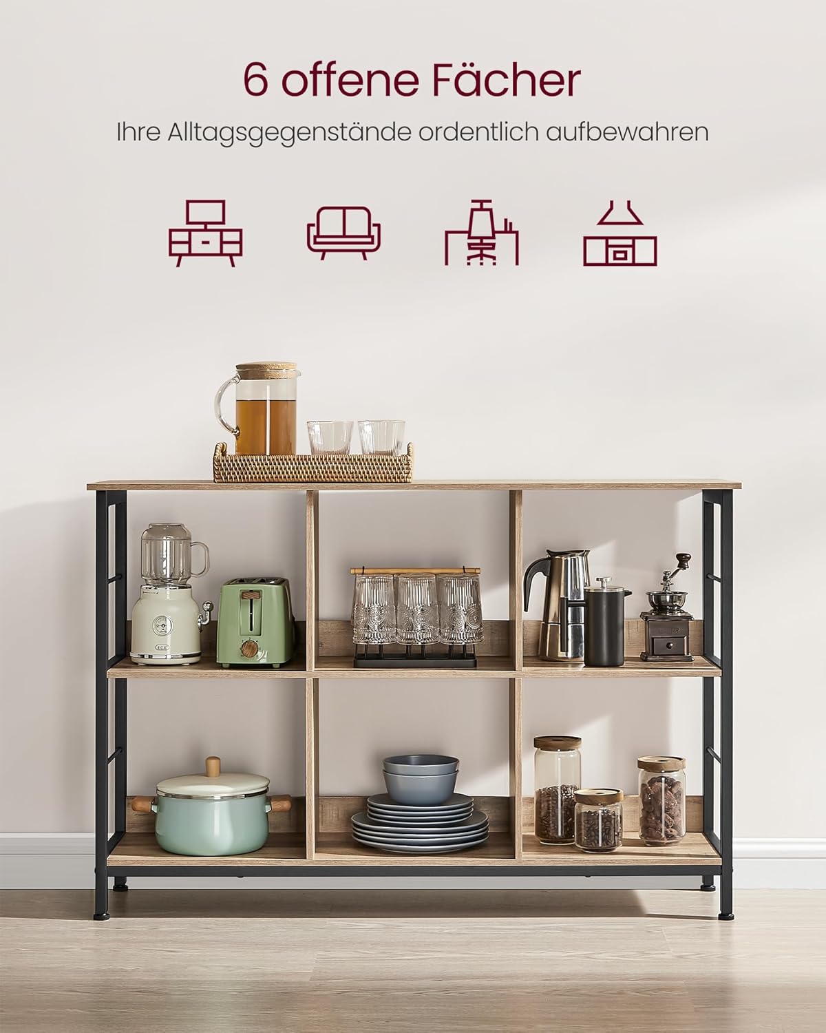 VASAGLE Biblioteca, raft cu 6 unitati de depozitare, din lemn, 33x120x80 cm, gri stejar - 4