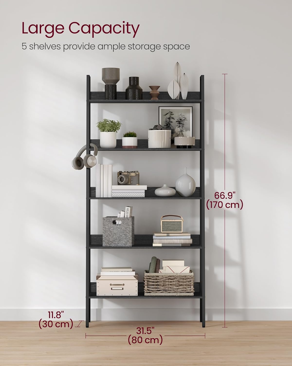 VASAGLE Biblioteca tip scara, cadru otel cu 5 polite, stil industrial, 80x30x170 cm, negru - 4