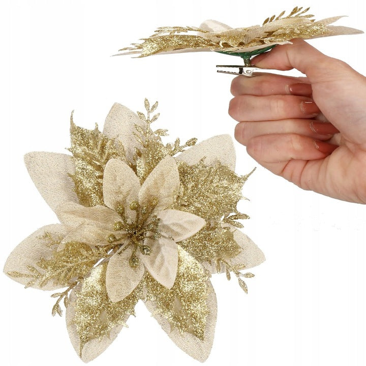 Set 10 ornamente pentru bradul de Craciun, stea Poinsettia, 13cm, auriu crem