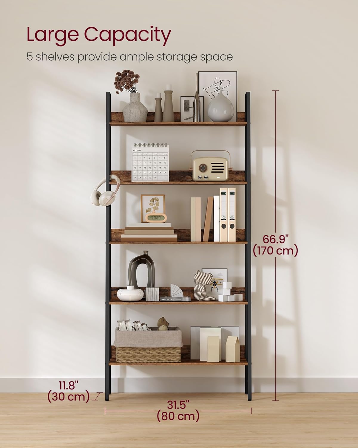 VASAGLE Biblioteca tip scara, cadru otel cu 5 polite, stil industrial, 80x30x170 cm, maro - 3