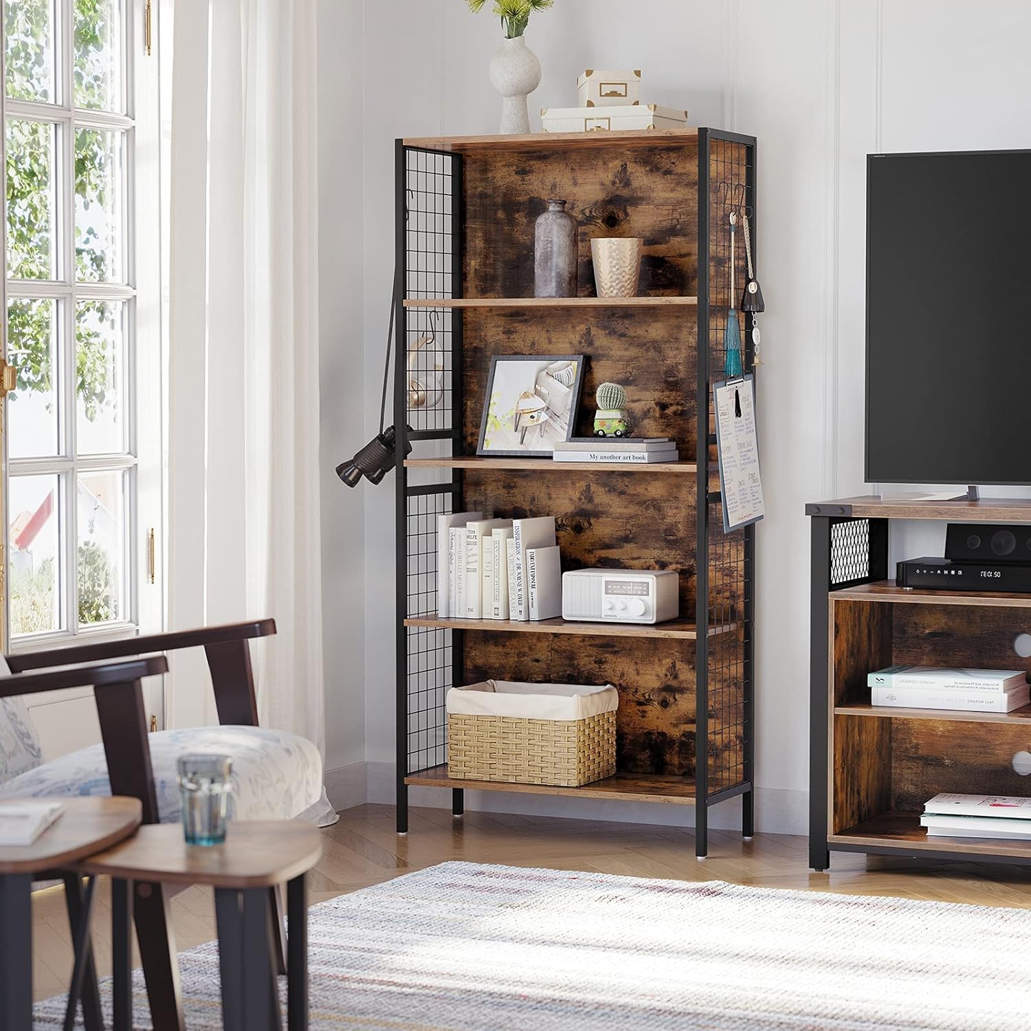 VASAGLE Biblioteca, raft cu 4 niveluri, cadru otel si polite din MDF, 74x30x155cm, maro rustic si negru