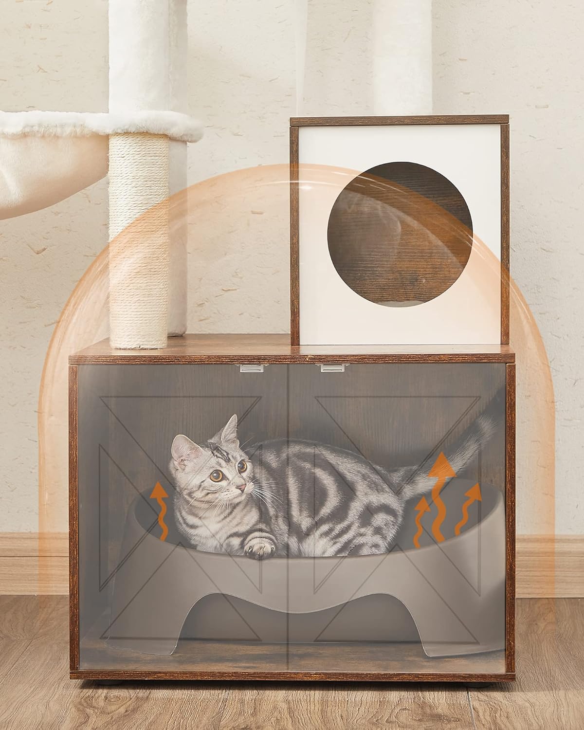 FEANDREA Mobilier 2 in 1 pentru pentru pisici cu cusca, ascunzatoare si loc de joaca, 58x50x140cm, maro vintage