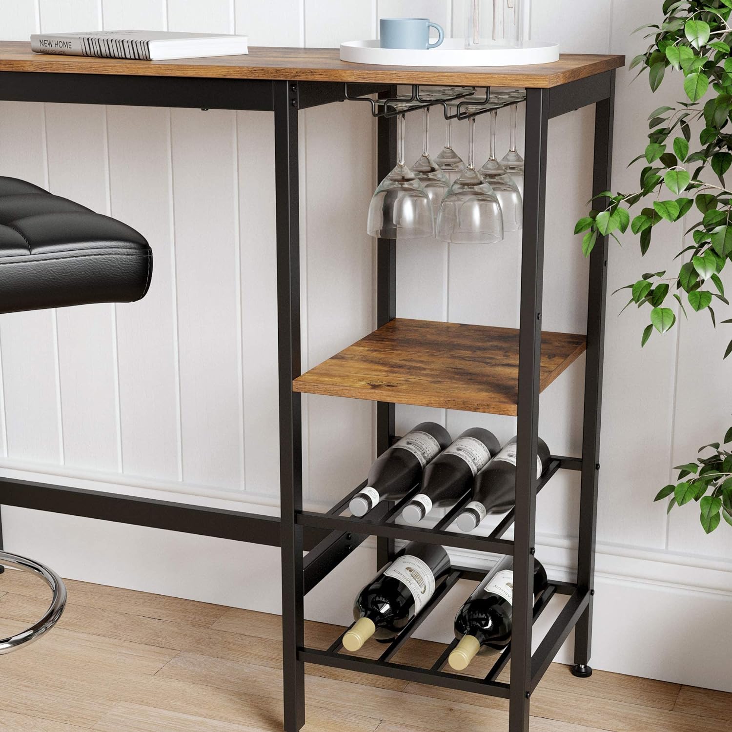 Masa inalta de bar, cu suport pentru sticle si pahare de vin, 110x40x90cm, maro rustic si negru