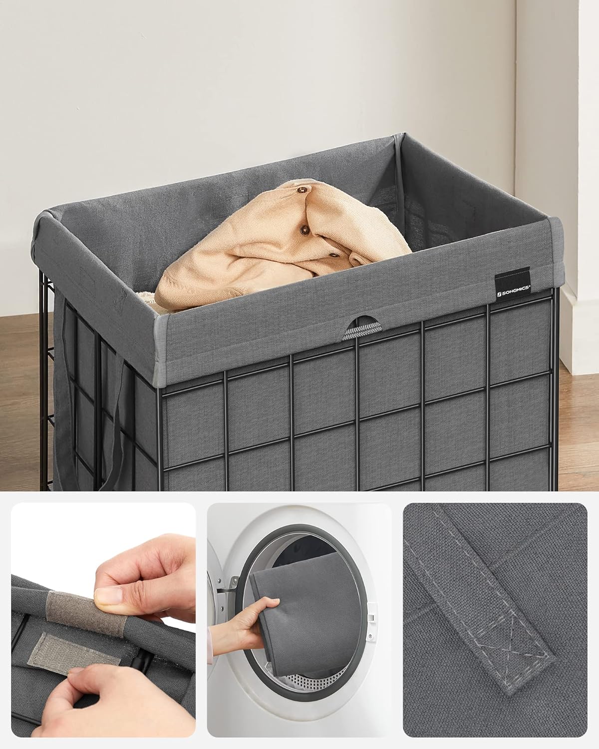 SONGMICS Cos de rufe pliabil cu cadru metalic, sac detasabil si lavabil, 90L, 48x33x58cm, negru si gri