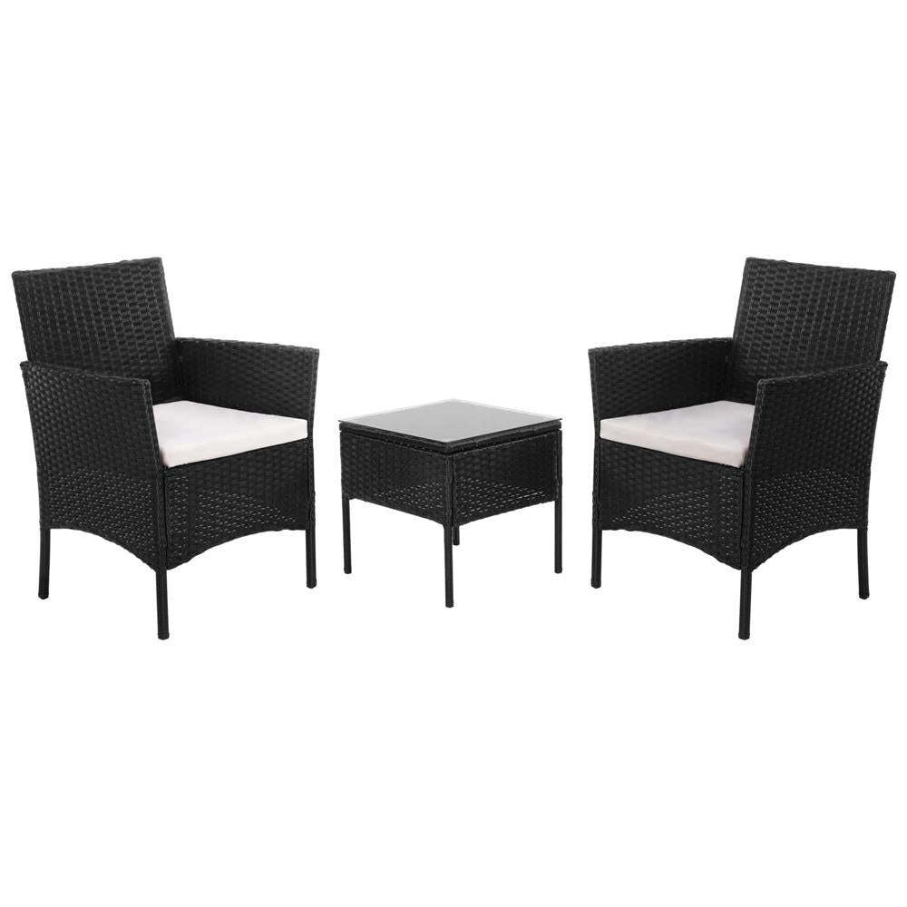 Set mobilier terasa, din tehnorattan, masa cu blat sticla securizata, 2 fotolii cu perne, negru