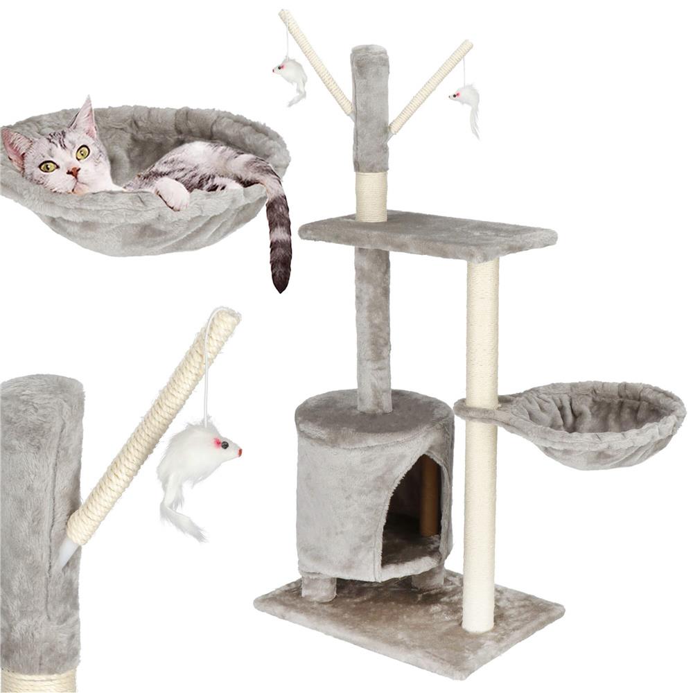 Ansamblu de joaca pentru pisici, cu loc pentru zgariat, ascuns, culcus, soricei, 108cm, gri
