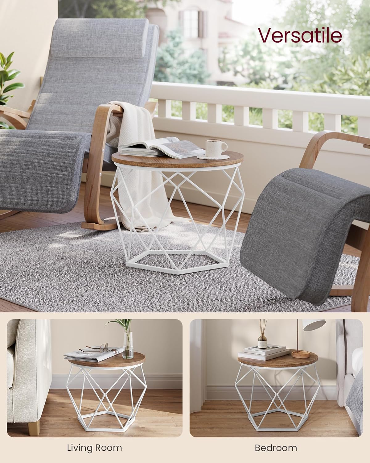 VASAGLE Set de 2 mese de cafea rotunde, cadru otel si blat detasabil, 40cm si 50cm, alb si maro