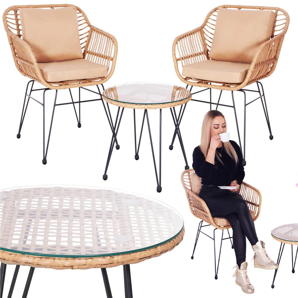Set mobilier terasa, din tehnorattan, masa cu blat sticla securizata, 2 fotolii cu perne, maro