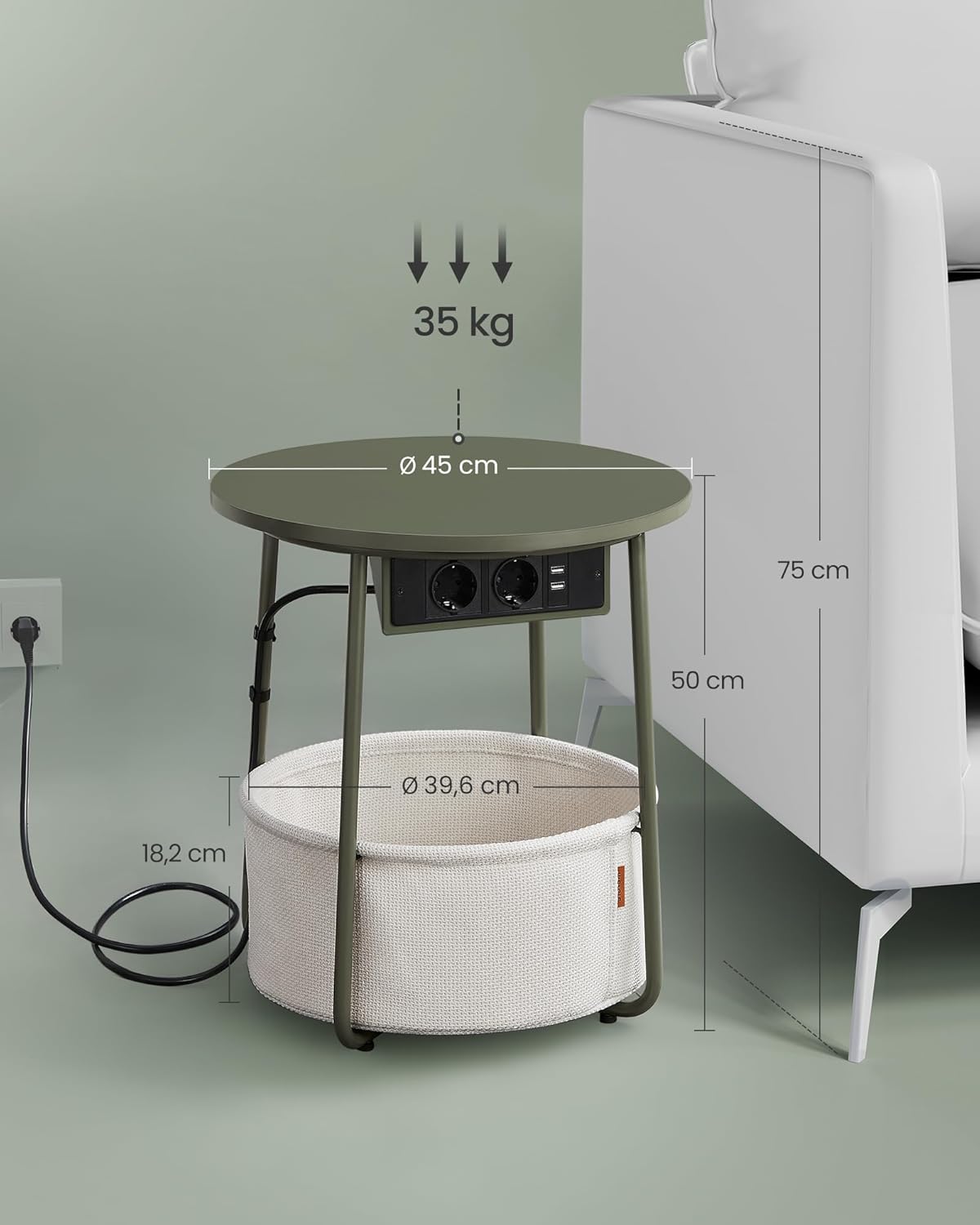 VASAGLE Masuta de cafea rotunda cu cos de stofa, statie de incarcare 2 prize si 2 USB, 45x50cm, verde crem - 4