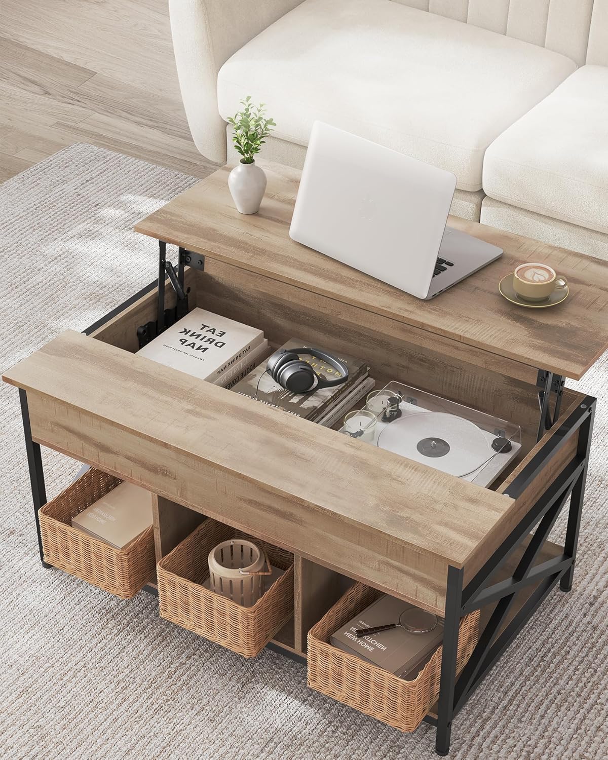 VASAGLE Masa de cafea cu inaltime reglabila, spatiu de depozitare ascuns, 60x100x(48-62) cm, gri stejar
