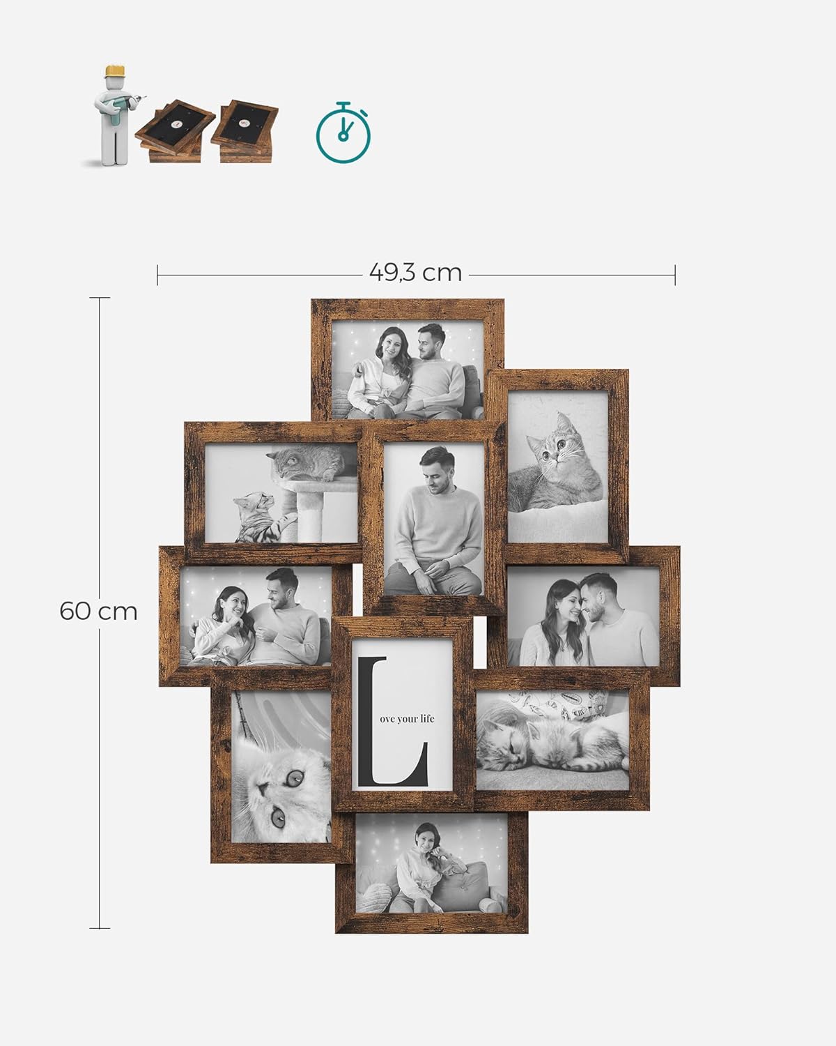 SONGMICS Rama foto de perete din MDF, colaj de 10 fotografii, 60x49cm, maro rustic