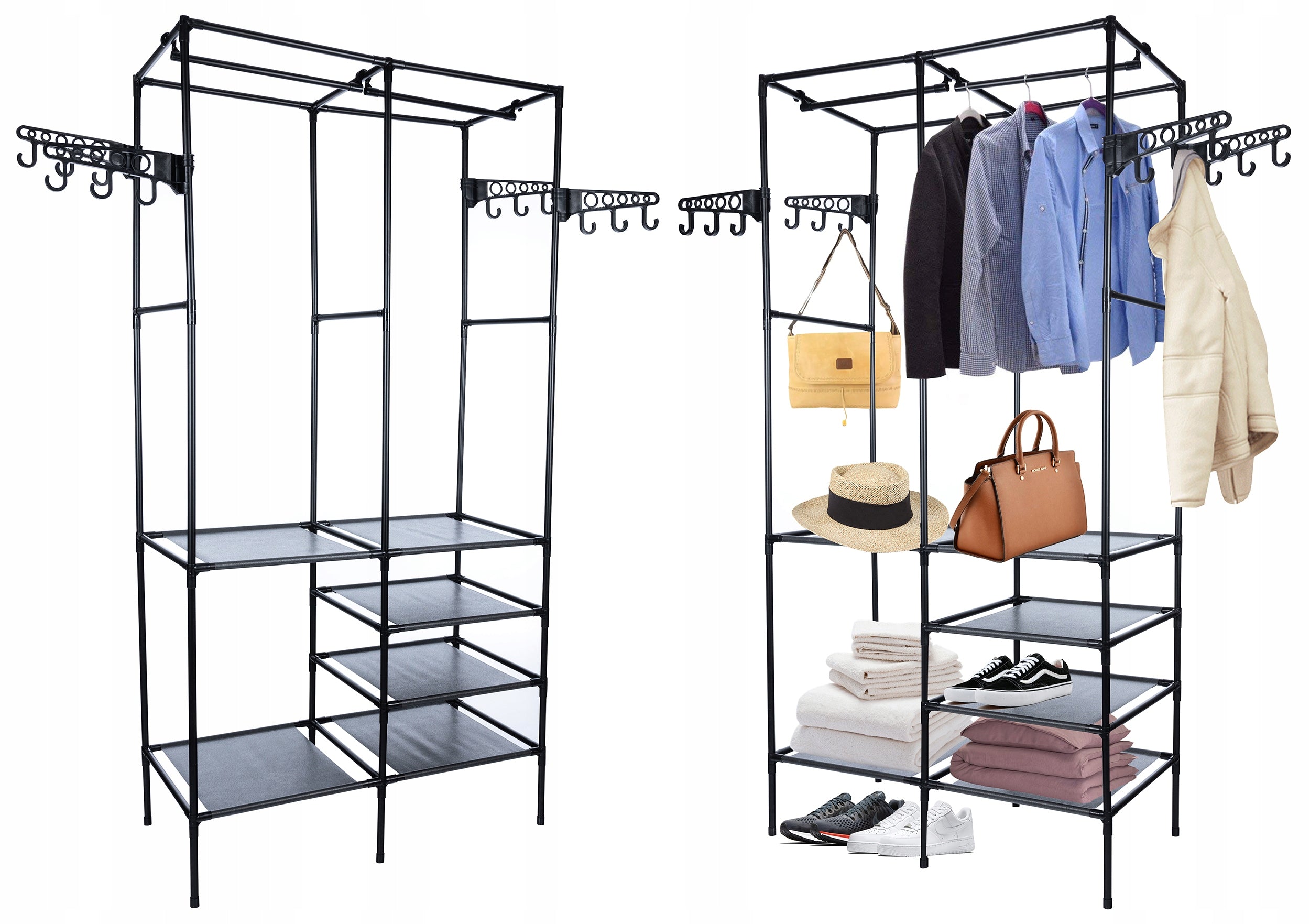 Stand de haine cu polite si tije pentru agatarea umeraselor, 85x44x174cm, negru