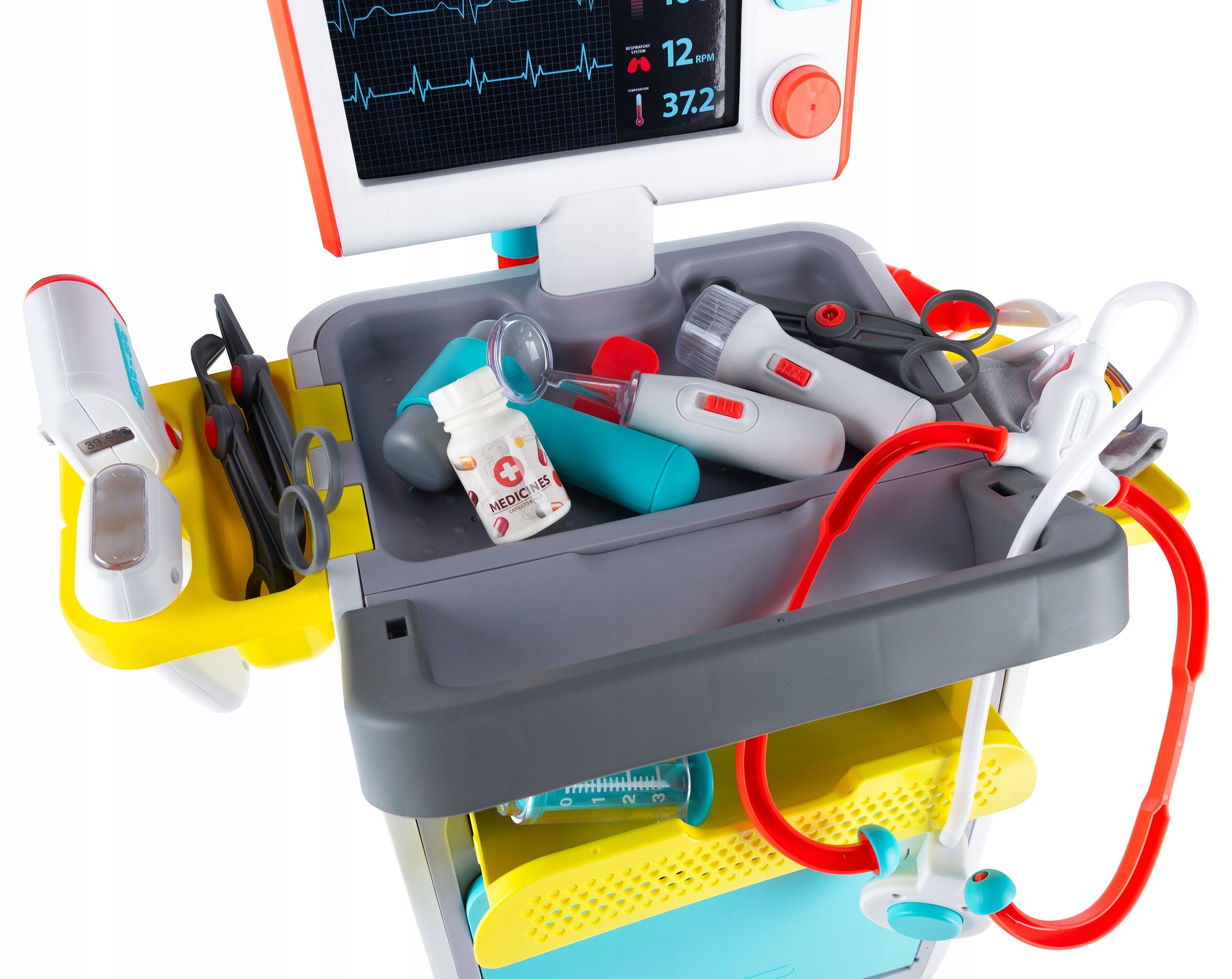 Set de joaca, carucior medical cu aparatura si instrumente, cu sunete si lumini