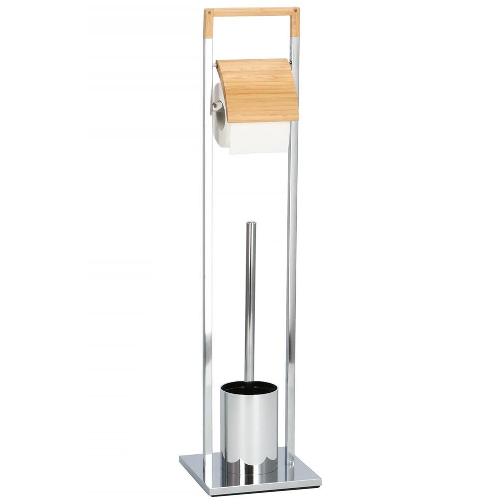 Stand cu perie WC si suport hartie igienica, inox si bambus, 75cm, argintiu