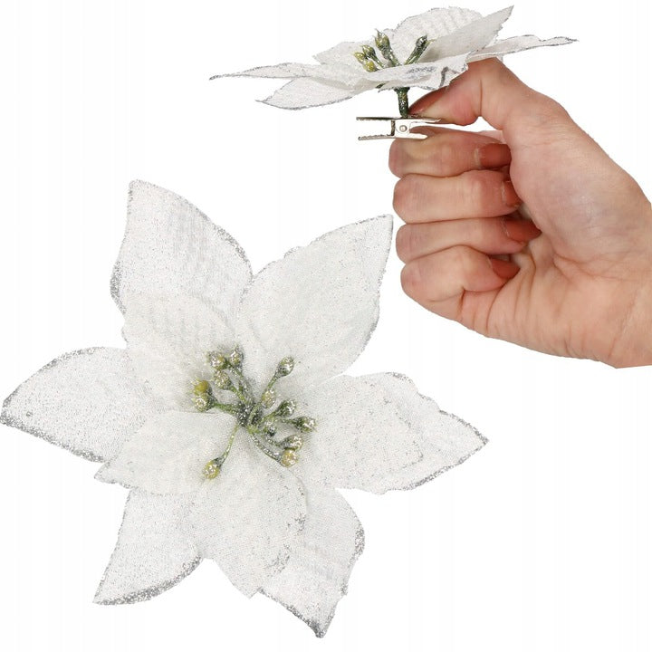 Set 10 ornamente pentru bradul de Craciun, stea Poinsettia, 13cm, gri argintiu