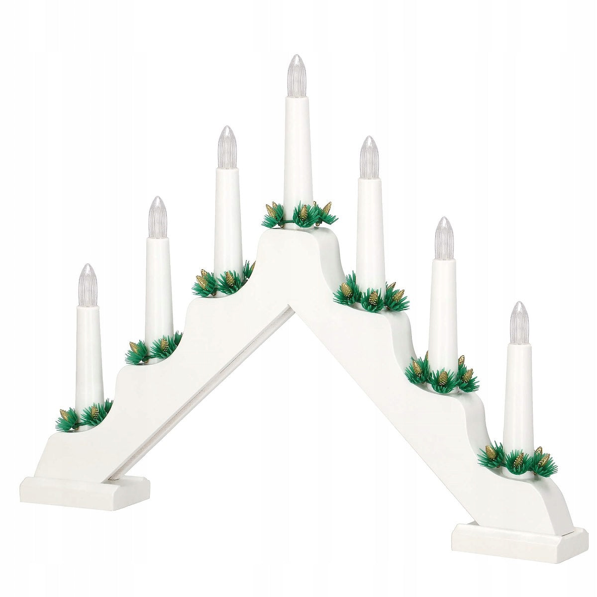 Lumanari decorative de Craciun, stand de lemn, 7 becuri tip LED, culoare alba