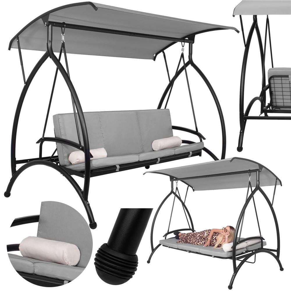 Balansoar gradina 230x136x190 cm, 2 in 1 leagan si pat, copertina reglabila, saltea si perne incluse, cadru otel, gri si ecru