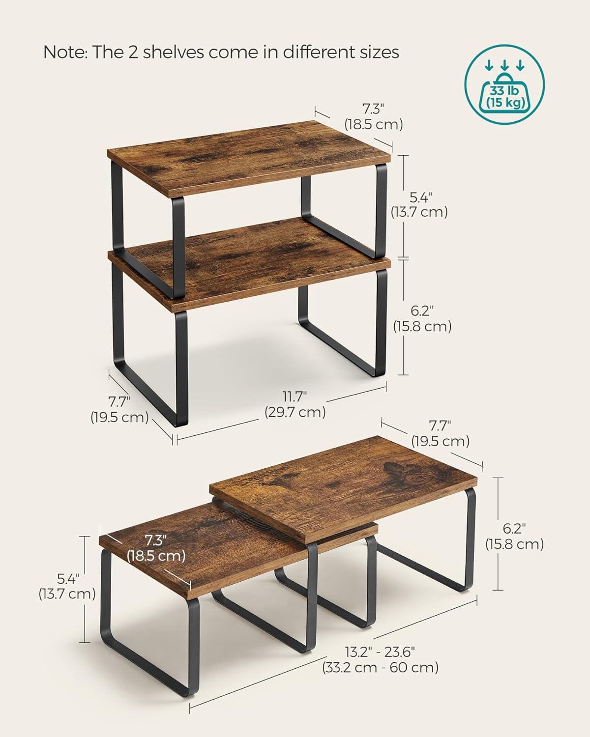 SONGMICS Rafturi bucatarie 30x20x16 cm, set 4 buc, modulare, suprapozabile si extensibile, metal si PAL, maro rustic