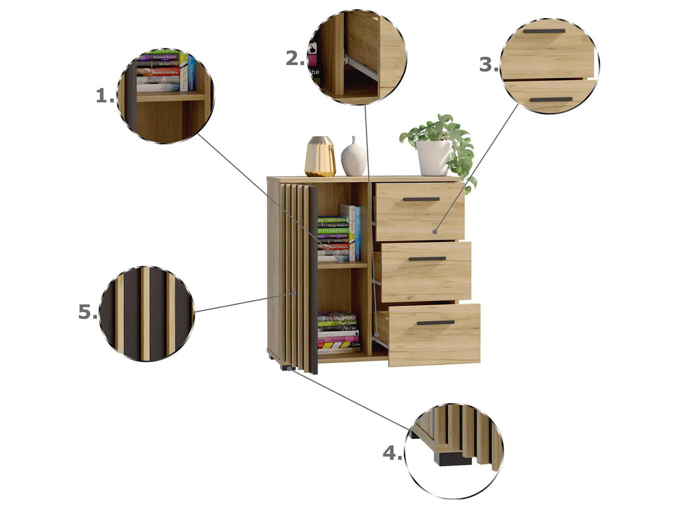 Comoda Montana 80 cu 3 sertare si 1 usa, 81x37x80 cm, negru si stejar craft - 4
