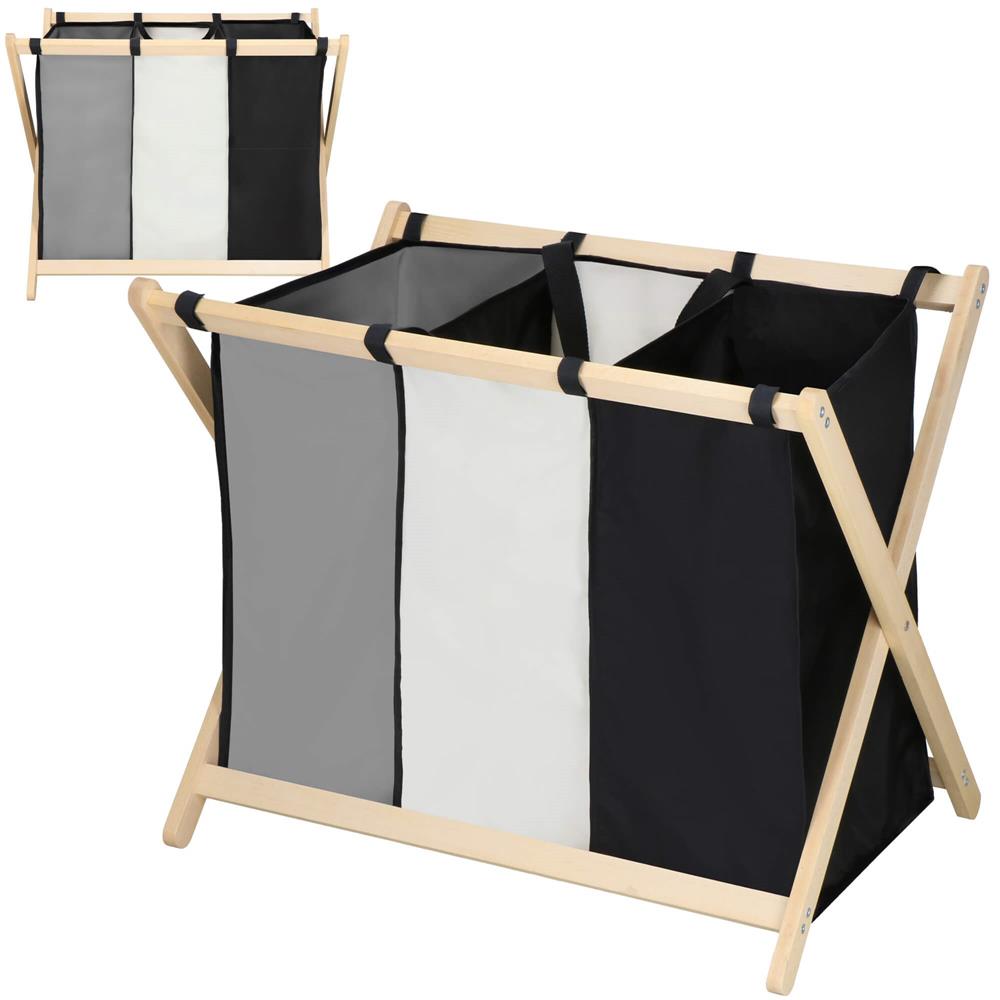 Cos de rufe cu 3 compartimente, cadru din lemn, 67x43x55 cm, 105 litri