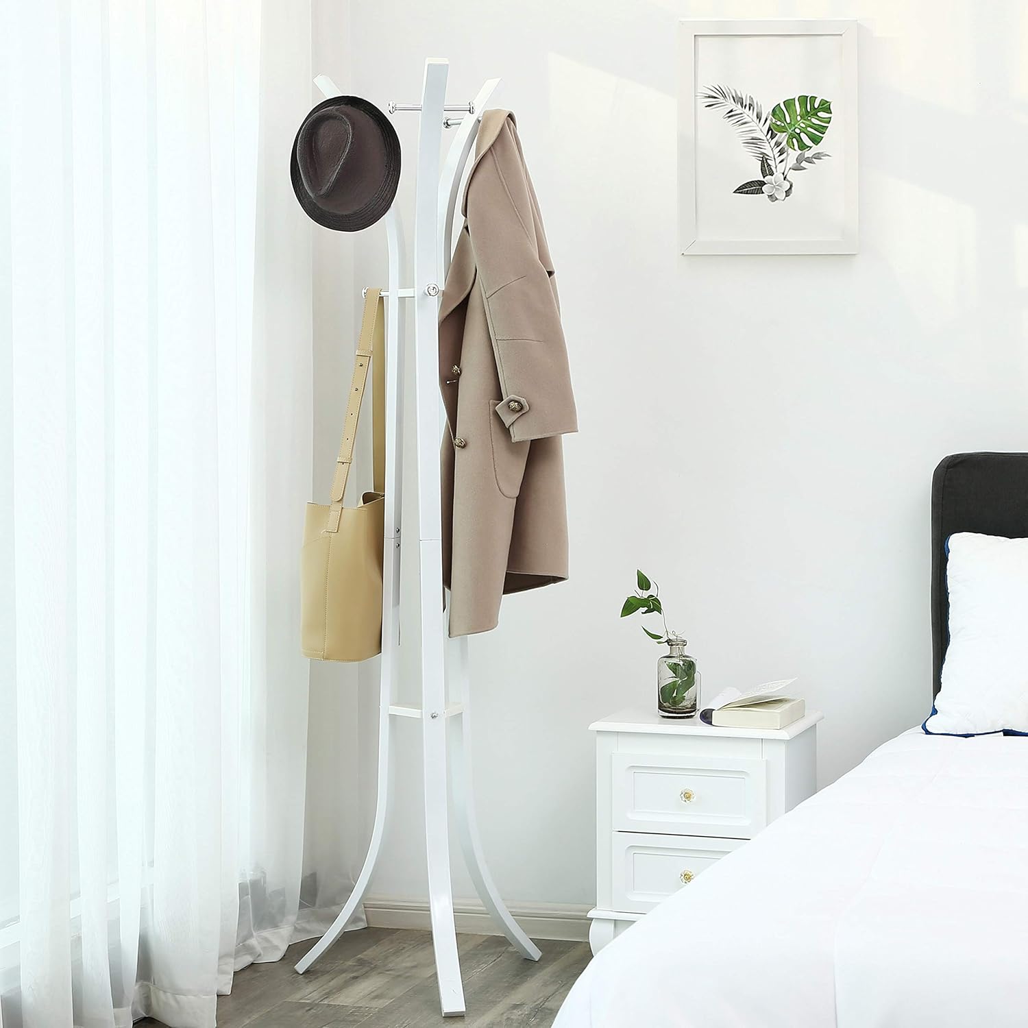 SONGMICS Cuier metalic 176x50x50 cm, cu 9 carlige, otel vopsit si plastic ABS, alb