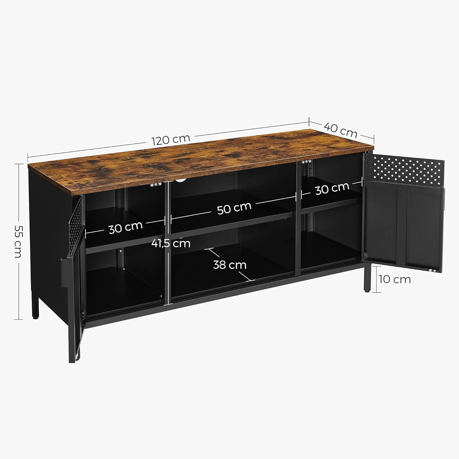 SONGMICS Comoda TV 120x40x55 cm, 3 rafturi reglabile, 2 usi, stil vintage, PAL si otel, maro-negru mat