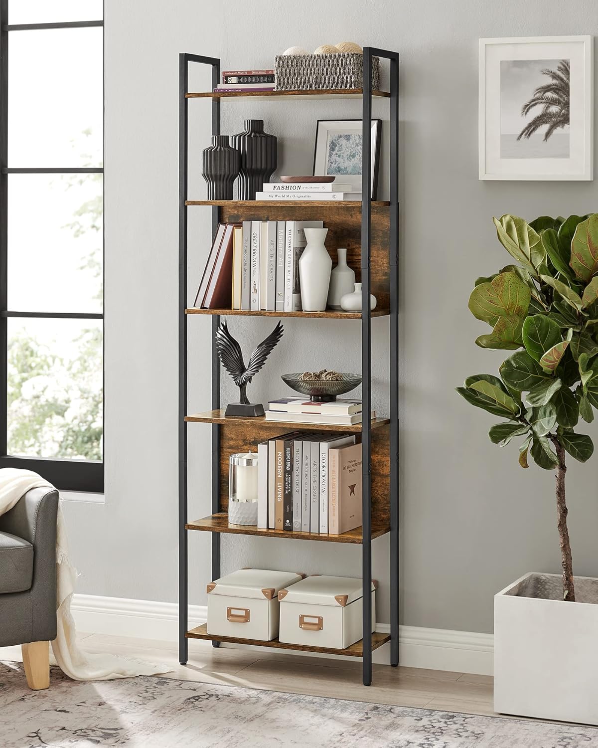 VASAGLE Biblioteca 60x24x186 cm, 6 rafturi, stil industrial, PAL si otel, maro rustic-negru