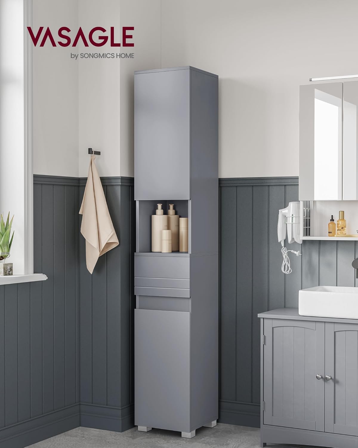 VASAGLE Dulap inalt 30x30x170 cm, cu sertar, rafturi reglabile si usi reversibile, MDF, gri