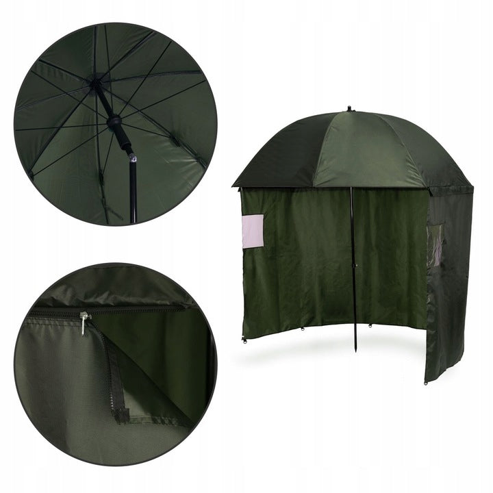 Umbrela pescuit 200x220 cm, cu perete lateral detasabil si ferestre, reglabil pe inaltime si unghi, otel si Oxford impermeabil, verde