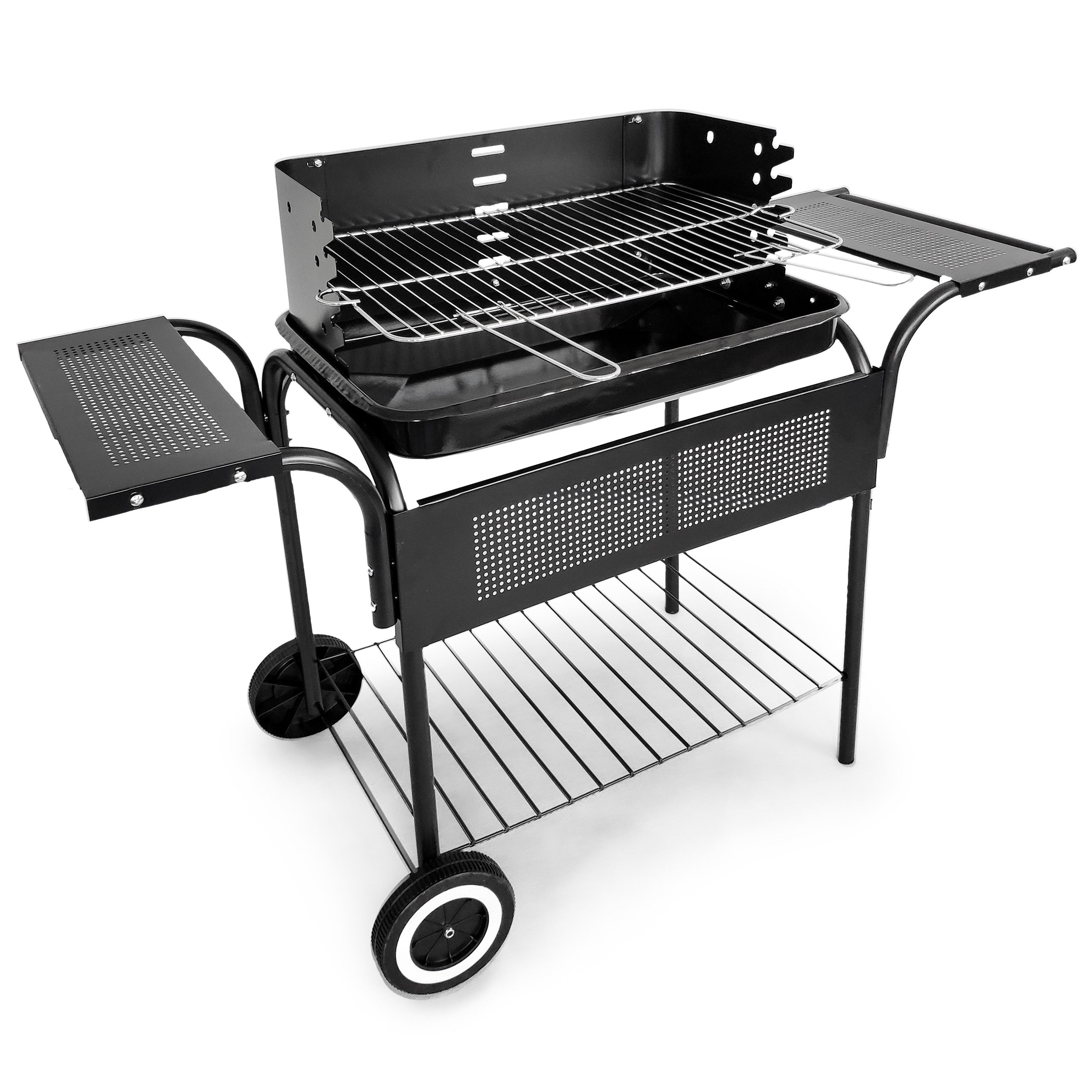 Gratar gradina 113x40x80 cm, gratar cromat 53x34 cm, 5 trepte reglaj, 3 rafturi si roti pentru mobilitate