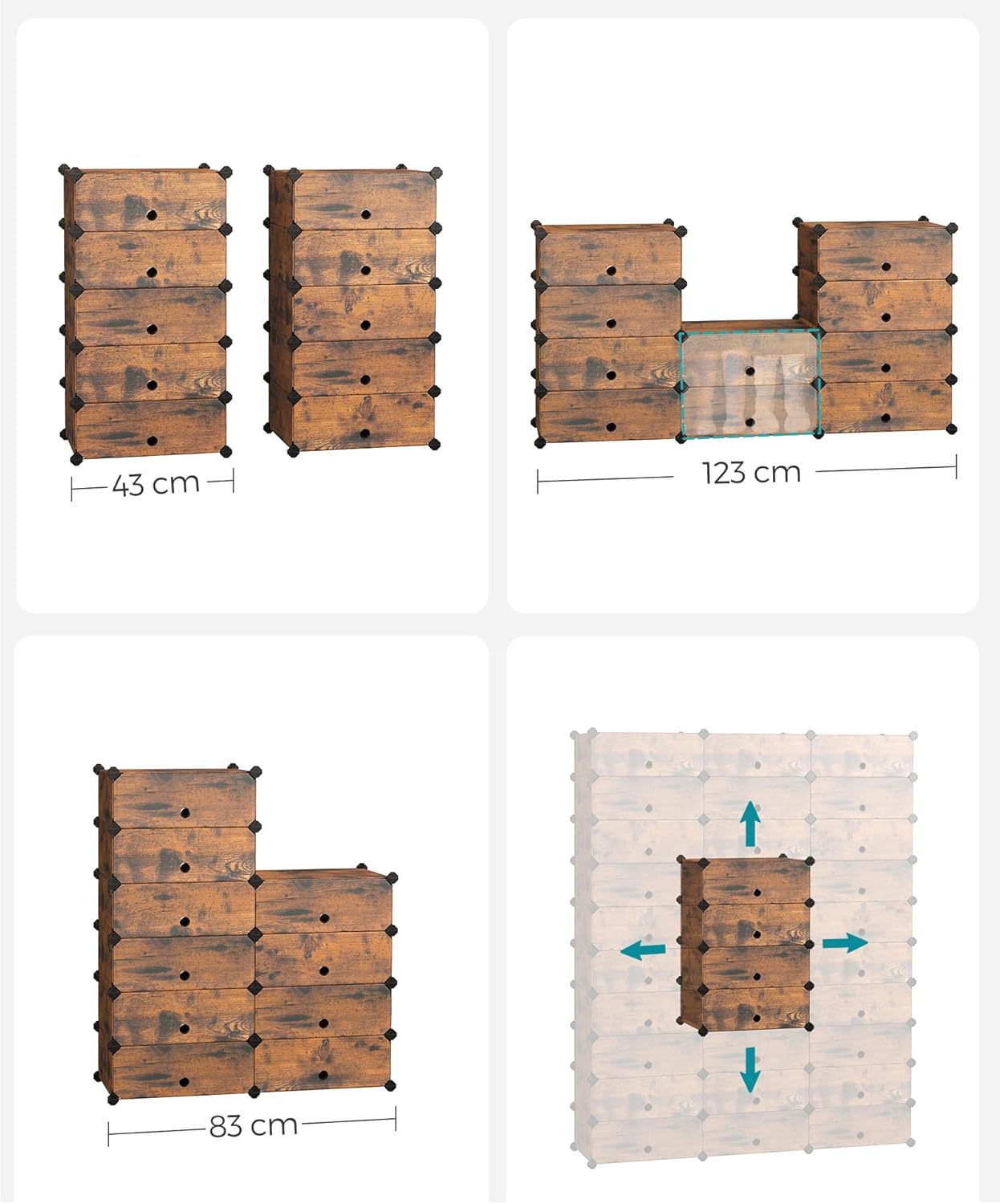 SONGMICS Etajera pantofi 43x31x173 cm, 10 compartimente modulare, usa frontala, maro rustic