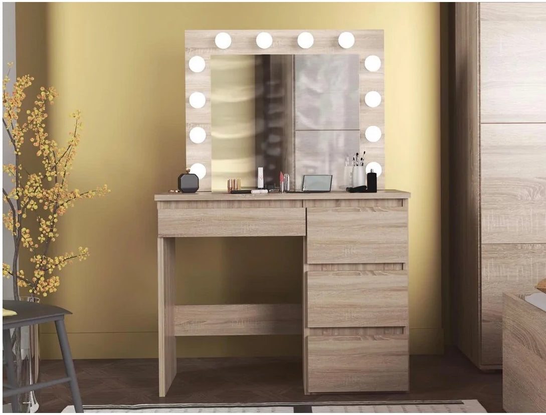 Masa de toaleta si machiaj Hollywood cu oglinda LED si 4 sertare, 94x43x140 cm, stejar - 4
