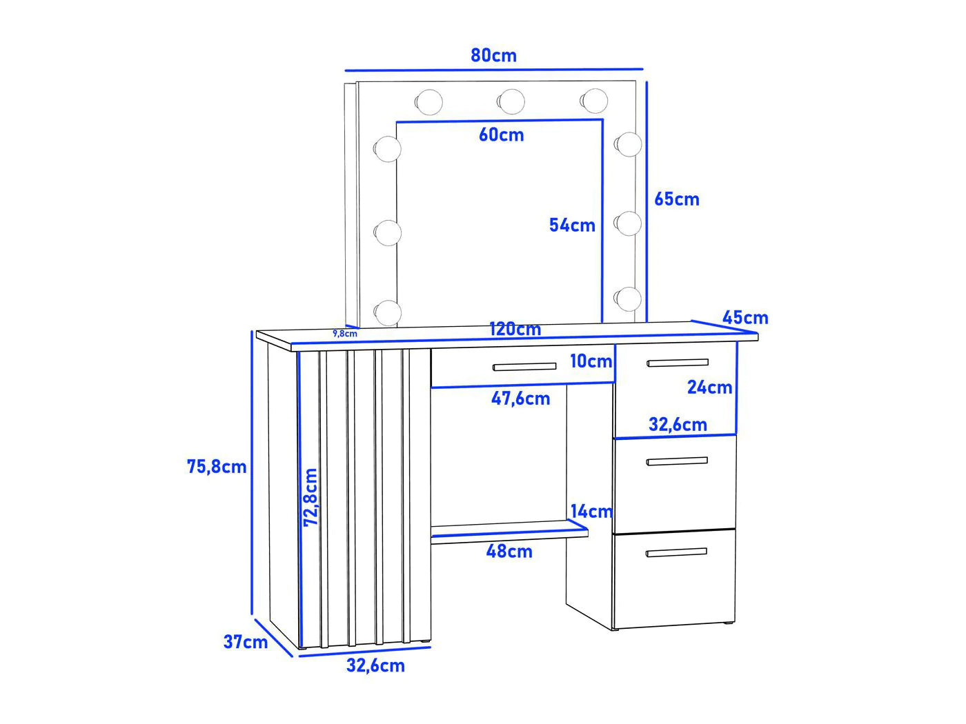 Masa de toaleta si machiaj suspendabila 120x45x140 cm cu oglinda LED si 4 sertare, craft si negru - 4