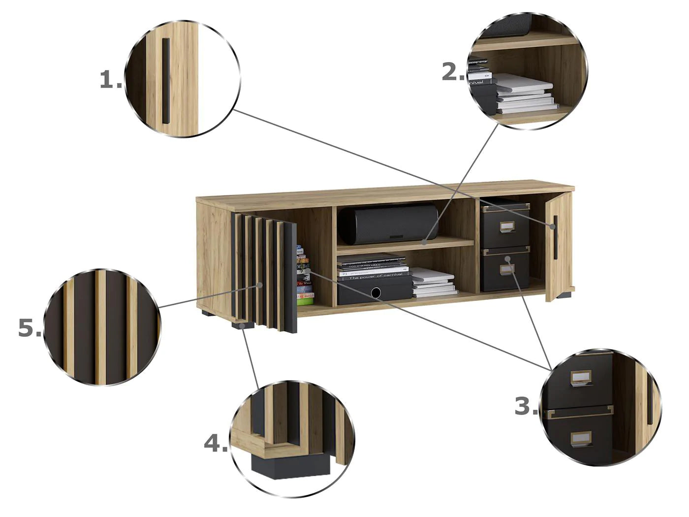 Comoda TV moderna 140x37 cm cu 2 usi si rafturi, finisaj craft cu negru - 4