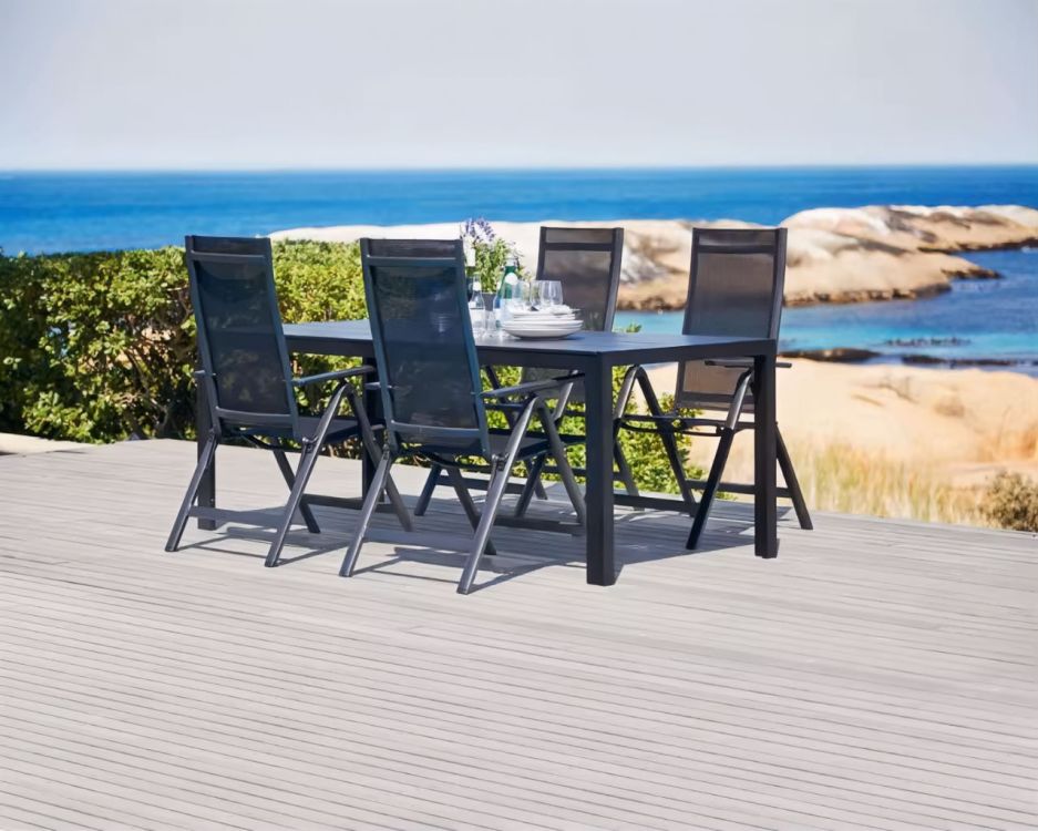 Set 4 scaune gradina 70x57x106 cm, pliante cu spatar reglabil 7 pozitii, structura otel si textilena, negru