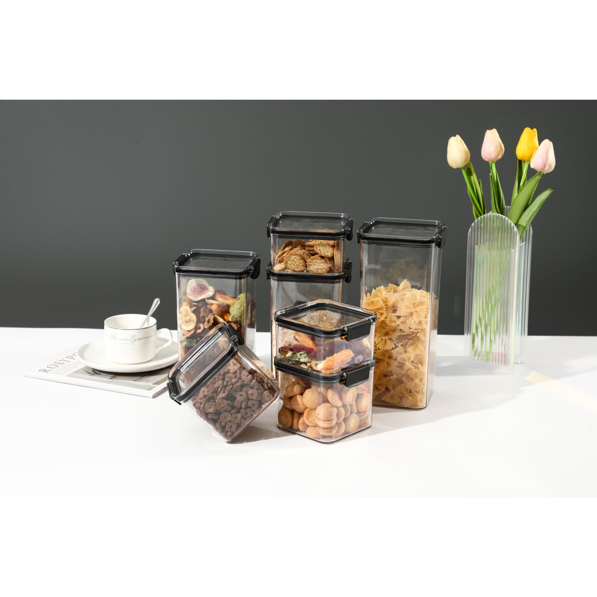 Set 4 Recipiente din Plastic, pentru Alimente/Obiecte, Inchidere Ermetica, 1 x 460 ml, 2 x 700 ml, 1 x 1300 ml, Transparent